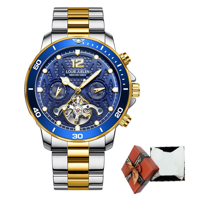 BELUSHI Top Brand Luxury Mens Business Watches Automatic Mechanical Watch Tourbillon Waterproof Clock Stainless Steel Wristwatch