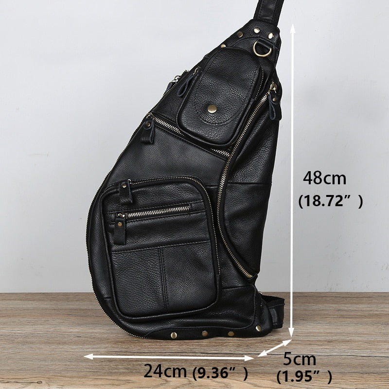 NZPJ Leather Men&#39;s Chest Bag Retro Top Layer Cowhide Casual Messenger Bag Korean Version Shoulder Bag Large-Capacity Sports Bag