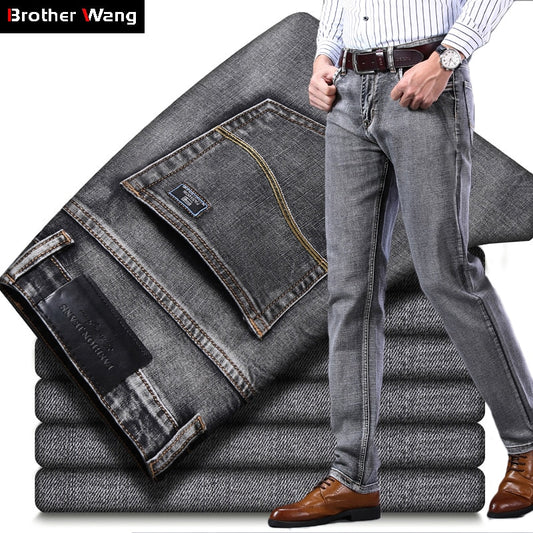 New Men Stretch Regular Fit Jeans| Best Business Casual Classic Style Fashion Denim Trousers| Male Black Blue Gray Pants  www.chishtismart.com