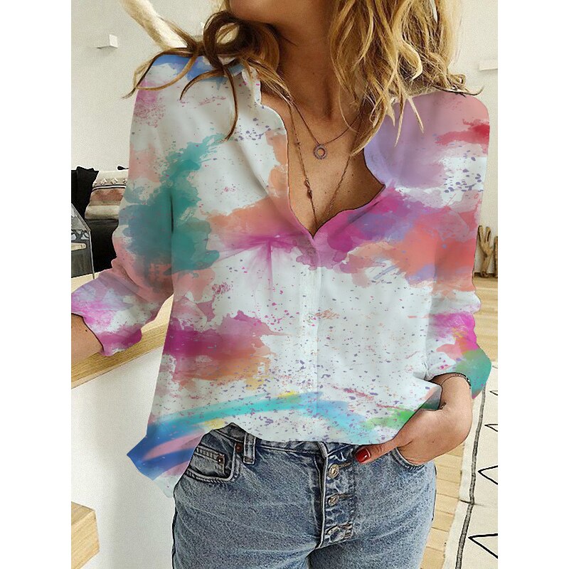 Autumn Women Print Simple Single Breasted Shirt Lady Long Sleeve Office Blouses Harajuku Aesthetic Vintage Oversize Female Tops