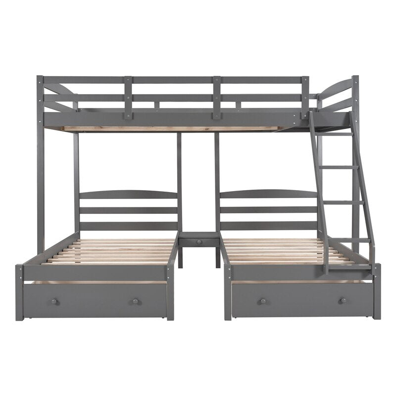 Wood Triple Bunk Bed Full Over Twin &amp; Twin Bunk Bed With Guardrails For Kids Teens Adults