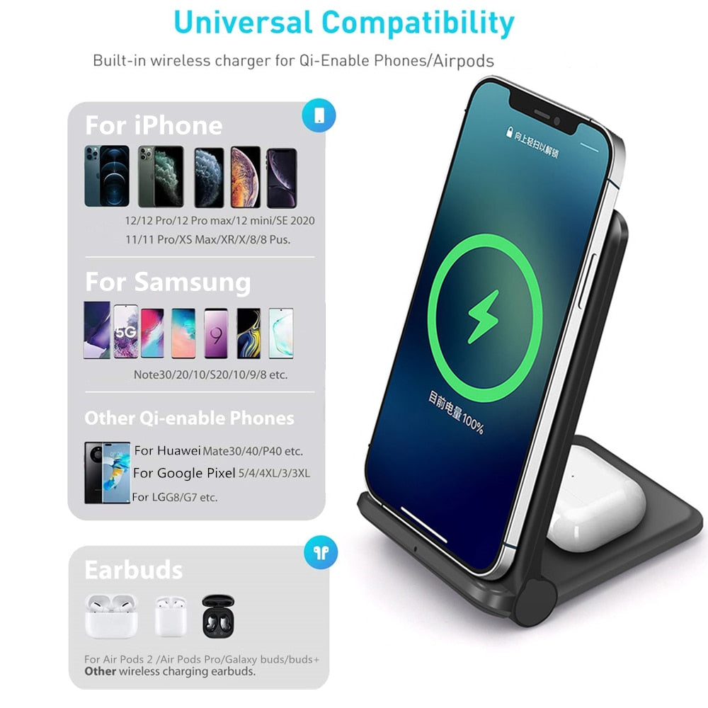 25W Fast Wireless Charger 2 in 1 Qi Charging Dock Station For iPhone 14 13 12 11 XS MAX XR X 8 AirPods 3 Pro Samsung S22 S21 S20