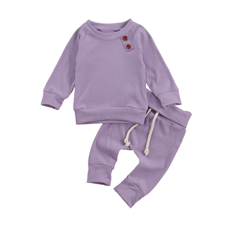 lioraitiin Newborn Baby 2-piece Outfit Set Long Sleeve Solid Color Top Pants Set for Baby Boys Girls Autumn Clothing Set
