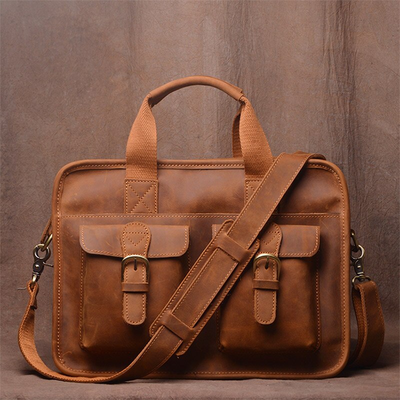 ZRCX Vintage Men Briefcase Man Handbag  Shoulder Crazy Horse Genuine Leather Bags Brown Business Fashion 14 Inch Laptop Bag