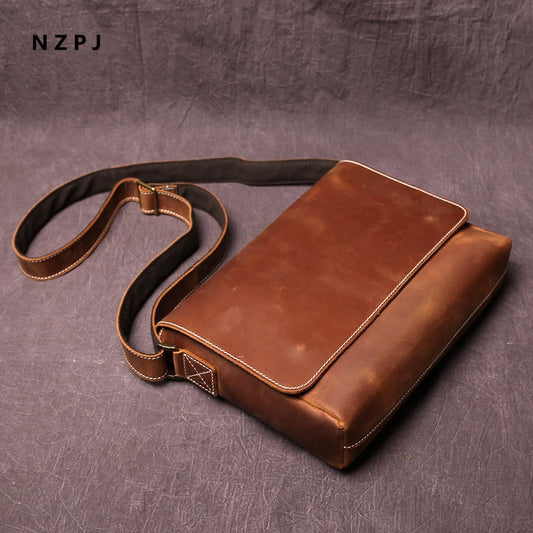 NZPJ Men&#39;s Retro Leather Shoulder Bag Crazy-Horse Leather  Horizontal Crossbody Bag Top Layer Leather Casual Ipad  Bad