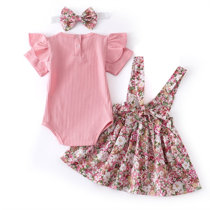 3Pcs Baby Girl Clothes Set Summer Newborn Infant Solid Color Romper Ruffle Floral Dress Overalls Outfit For Toddler Clothing