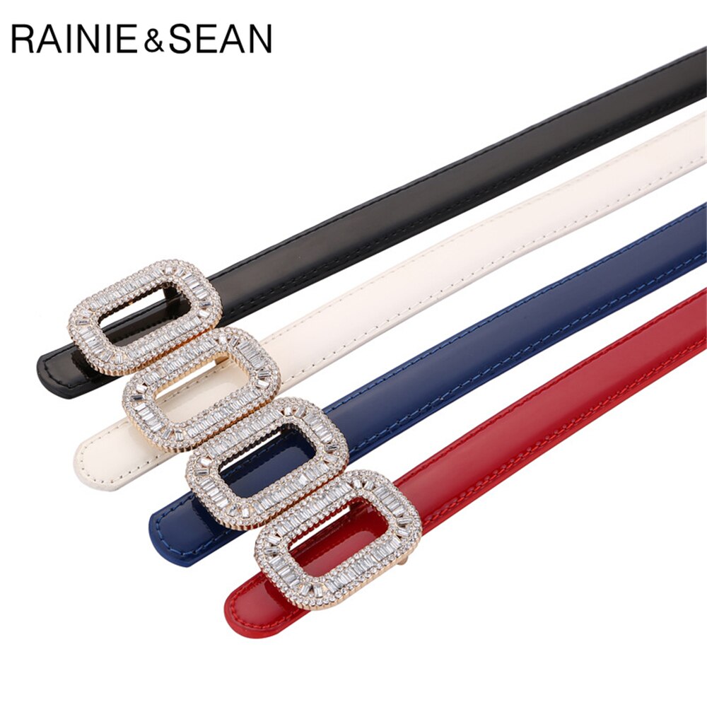 RAINIE SEAN White Patent Leather Women Belt Rhinestone Buckle Waist Belt Thin Ladies Belts for Dress Fashion Brand Accessories