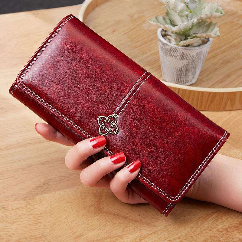 2022 New Women&#39;s Wallet Wax Oil Skin Wallet Money Bag Lady&#39;s purse Leather Bag Wallet Card Holder Portable