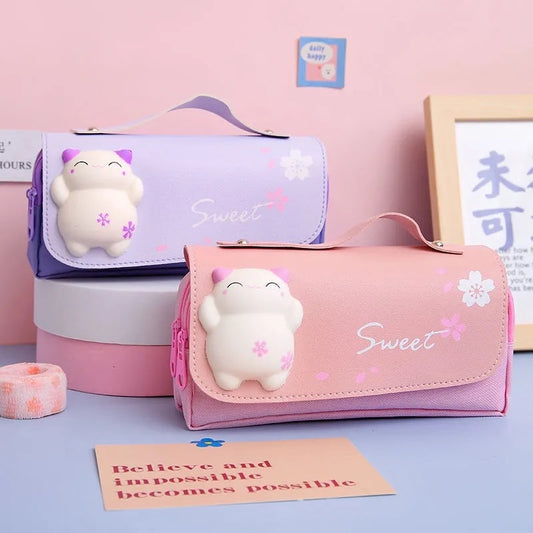 Decompression pencil case Portable cute pencil bag Cartoon school stationery bag Student pen case Unzip children pen bag prize