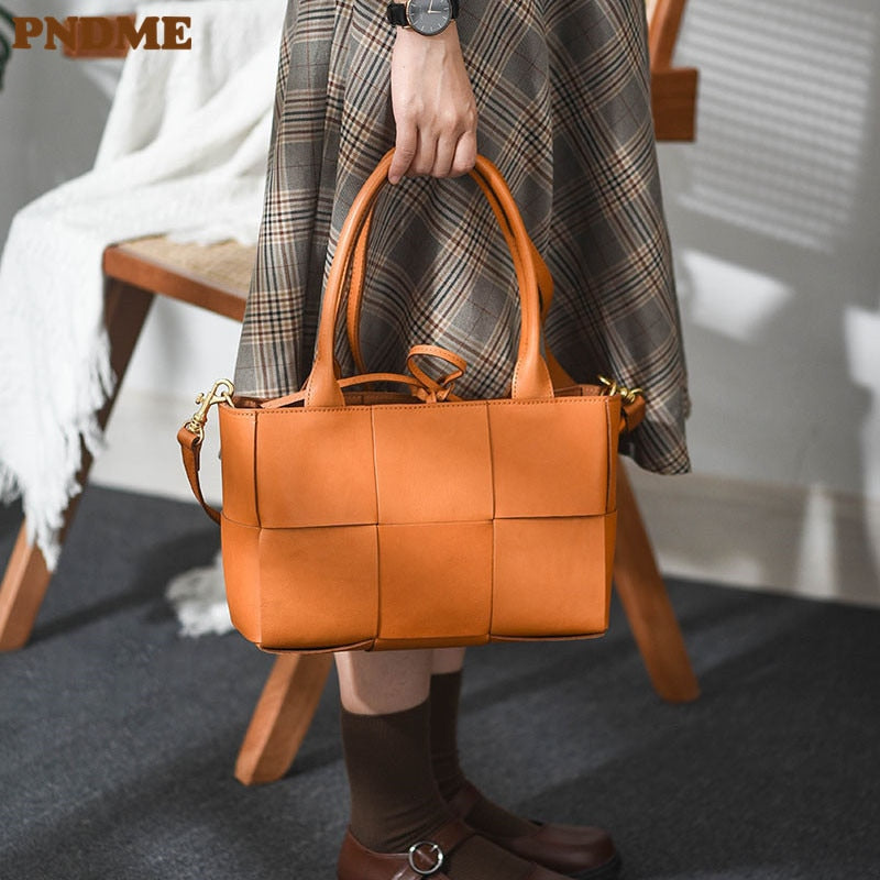 PNDME fashion designer natural genuine leather stitching ladies tote bag shopping work luxury real cowhide women&#39;s shoulder bag