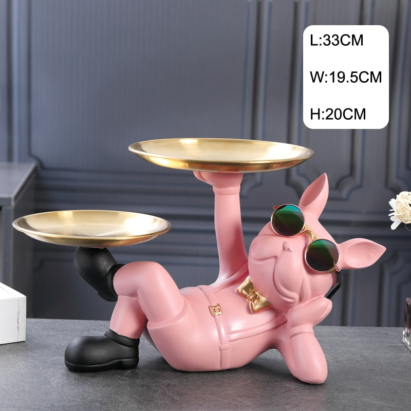 Resin Décor Dog Statue Butler with Tray for Storage Table Live Room French Bulldog Ornaments Decorative Sculpture Craft Gift