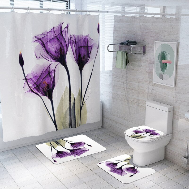 Floral Bath Mat and Shower Curtain Set Shower Curtain with Hooks Bath Rugs Anti Skid Bathroom Carpet Toilet Foot Pad Bath Mat