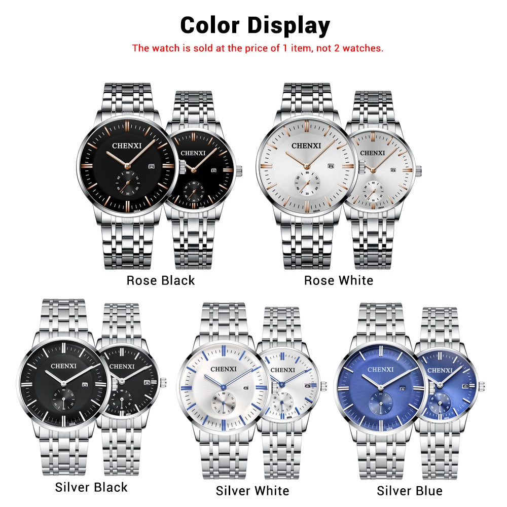 CHENXI Lover&#39;s Wristwatches Women Fashion Watches Men or Lady Quartz Watch Silver Stainless steel Waterproof Clock Date Watches