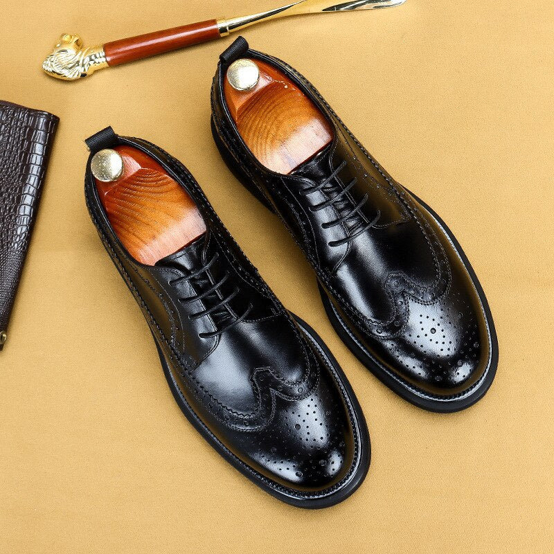 Men Casual Leather Shoes Fashion Classic Brogues Luxury Genuine Leather Handmade Thick Heels Black Male Wedding Formal Shoes