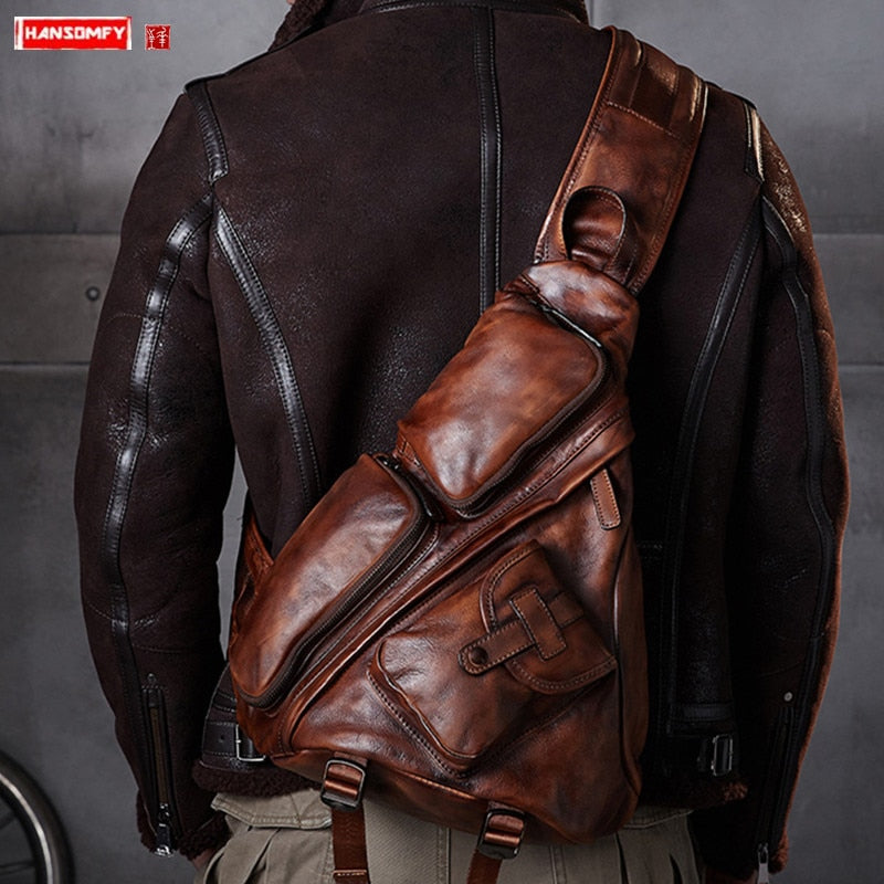 Genuine Leather Men&#39;s Triangle Chest Bag Retro Men Shoulder Slung Bag B6 Paratroopers Vintage Large Capacity Soft Casual bags