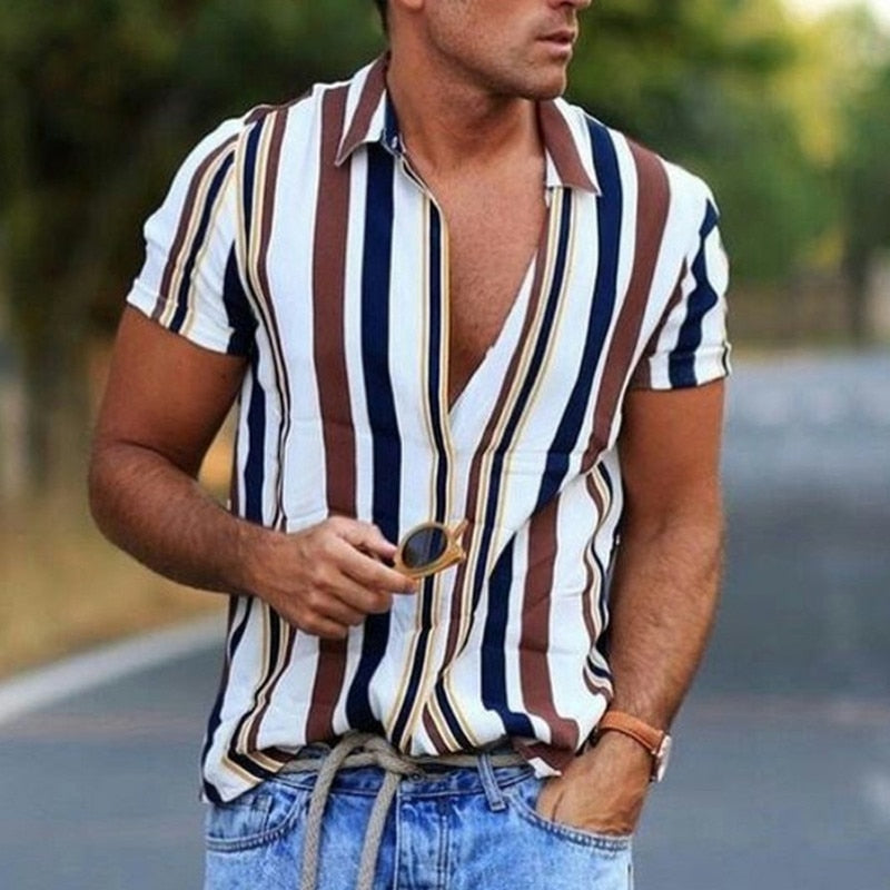 2022Summer New Mens Vintage Striped Shirt Fashion Casual Luxury Shirt Short Sleeve Hawaii Shirts For Men Blusas Camisa Masculina