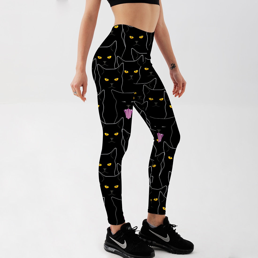 Qickitout Summer Style Fitness Women Leggings Black Cute Cats Printed Leggings Slim Workout Leggings Ankel Length Pants S-4XL