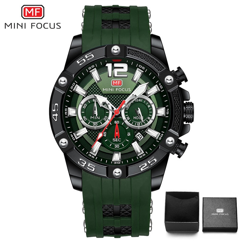 MINI FOCUS Men Sport Watch Chronograph Silicone Straps Quartz Army Military Men&#39;s Date Watches Male Clock Hour Relogio Masculino