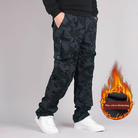 2023 Men's Fleece Cargo Pants Winter Thick Warm Pants Multi Pocket Casual Military Baggy Tactical Trousers Plus Size Full Length