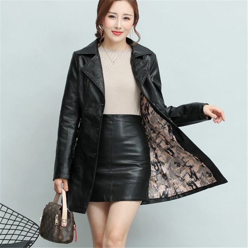 Winter New girl  thick Leather Jacket Long Women&#39;s Coat slim Fashion punk Female Motorcycle Clothing faux leather Blazer autumn