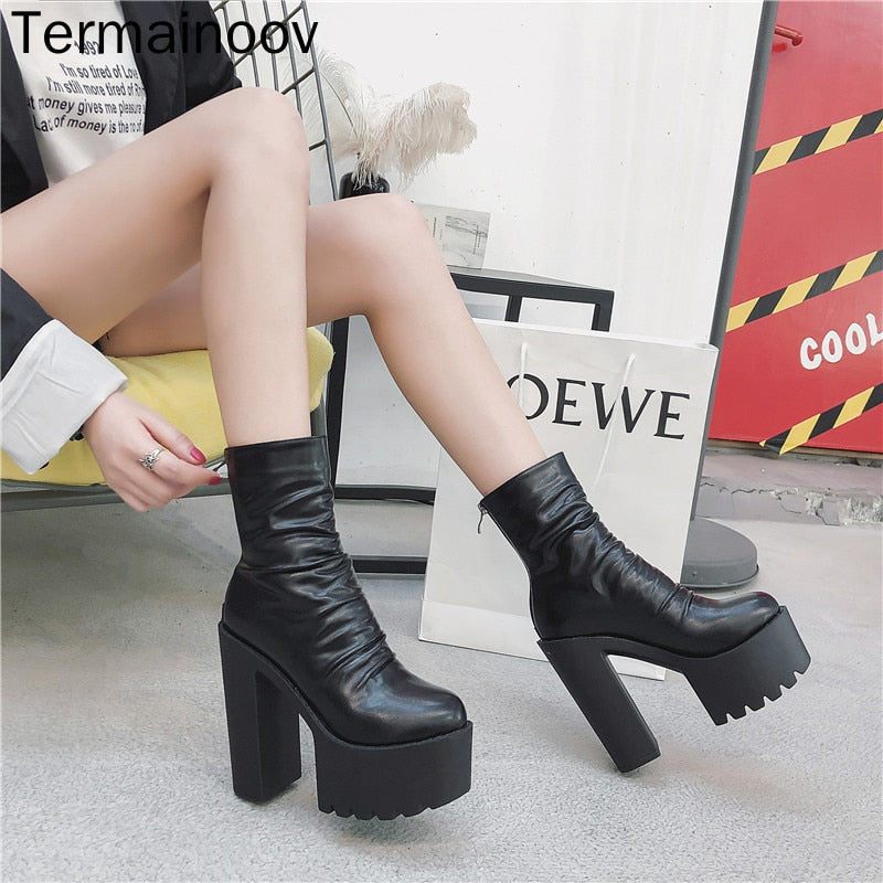 Termainoov Women Boots High Heels Chunky Heeled Waterproof Platform Thick Heel Round Toe Zipper Short Boots Winter Boot