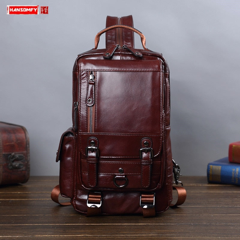 Genuine Leather Men&#39;s Bag Leather Backpack Men Chest Bag Small Casual Shoulder Bags Male Vintage Small Backpacks Cow Leather