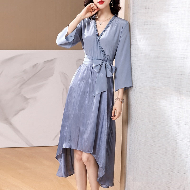 Spring and summer new women fashion V-neck sleeve irregular silk dress | Best silk dress women | V neck Dress  www.chishtismart.com