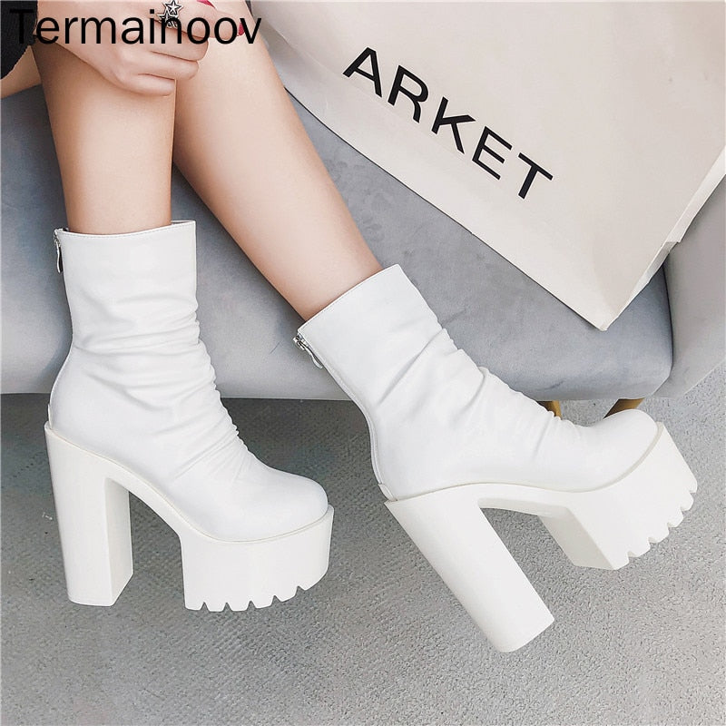 Termainoov Women Boots High Heels Chunky Heeled Waterproof Platform Thick Heel Round Toe Zipper Short Boots Winter Boot