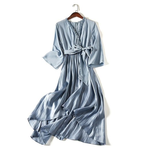 Spring and summer new women fashion V-neck sleeve irregular silk dress | Best silk dress women | V neck Dress  www.chishtismart.com