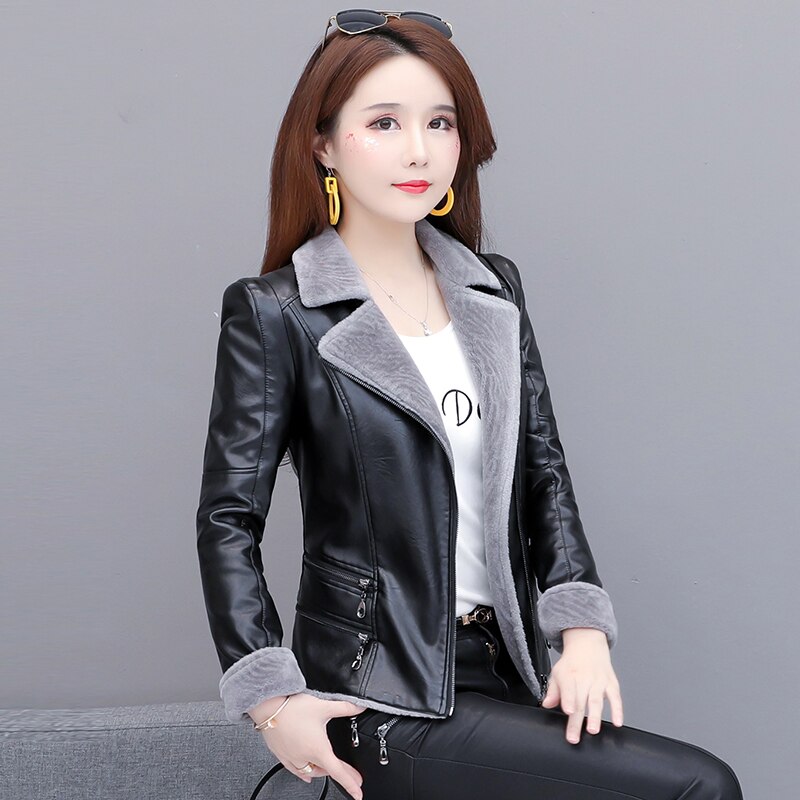 Autumn Winter Women Faux Fur Coat pu Leather tops Short Warm Plush Thick Outerwear Ladies padded Fur locomotive Leather Jackets