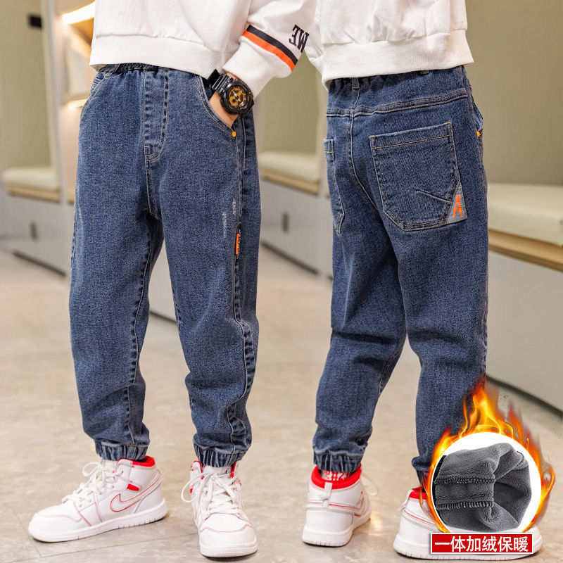 Children Jeans Boys Spring Autumn Korea Style Concise Ankle-tied Pants Winter Velvet Thicken Warm Trousers Child Clothes For Boy