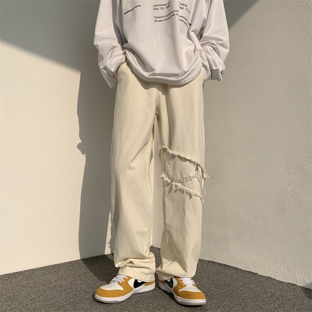 2022 New Fashion Casual Ripped Pants Spring Men&#39;s Straight Wide-leg Pants Chain Decor Washed Cotton Long Trousers Apricot/Black