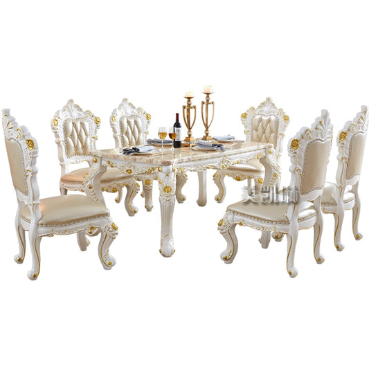 European-style White Gold-painted Solid Wood Dining Table Pink Dragon Jade Marble Long Dining Table Leather Dining Chair