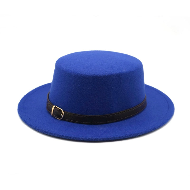 New Retro Winter Autumn women men Top hat Imitation Woolen Felt Fedora Hats Belt buckle Decorated ladies Boater Hat flat brim