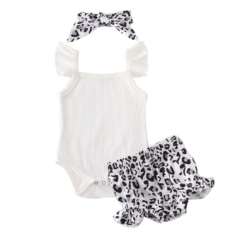 Baby Girl Summer Clothes Set Fashion Newborn Infant Knitting Cotton Ruffles Romper Shorts Bow Headband 3Pcs For Toddler Outfits