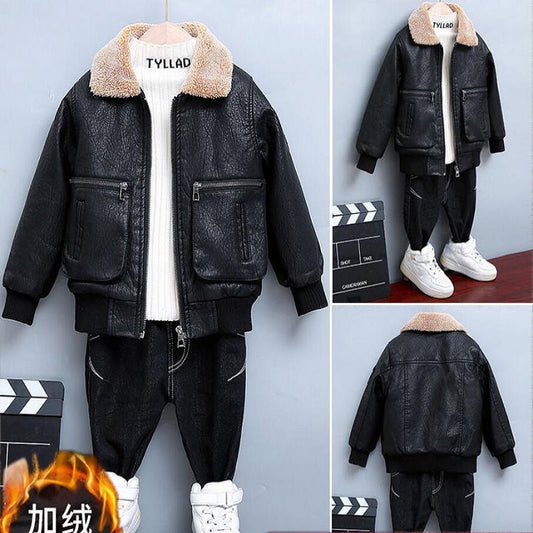 Children&#39;s Clothing Boys Coat Autumn Winter Lapel Plus Velvet Thick Leather Jacket For Boys Child Outwear PU Jacket Kids Tops