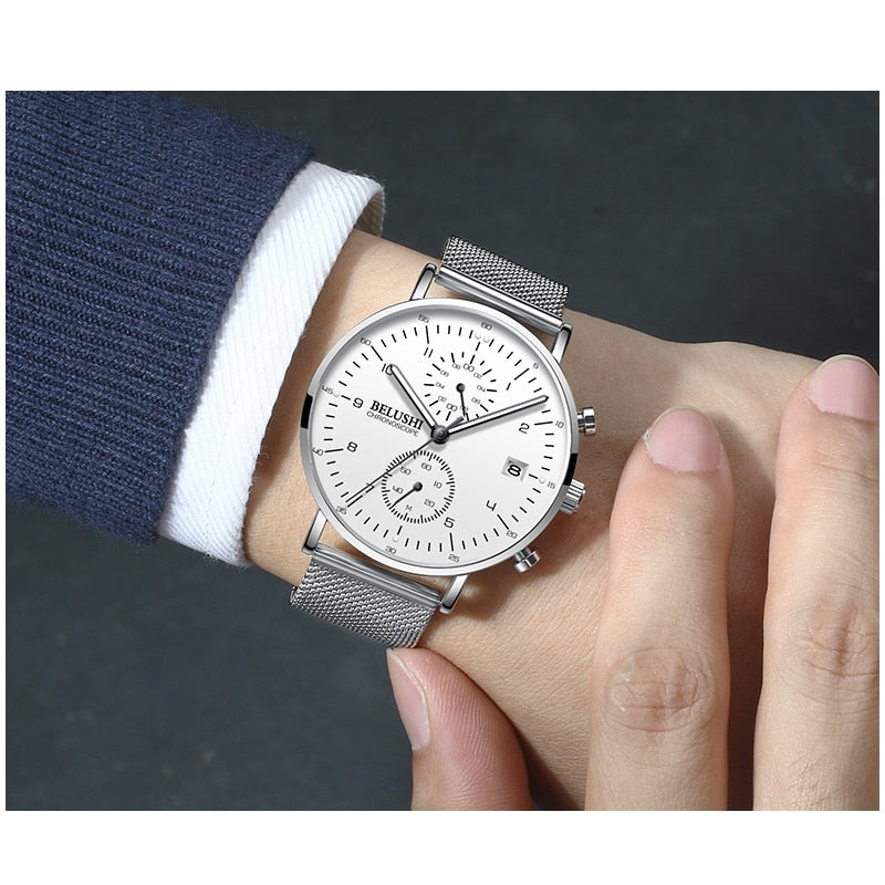 BELUSHI Fashion Men&#39;s Watches Top Brand Luxury Ultra-Thin Mesh Steel Sport Quartz Watch Men Waterproof Clock Relogio Masculino