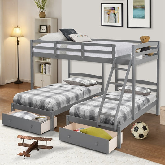 Wood Triple Bunk Bed Full Over Twin &amp; Twin Bunk Bed With Guardrails For Kids Teens Adults