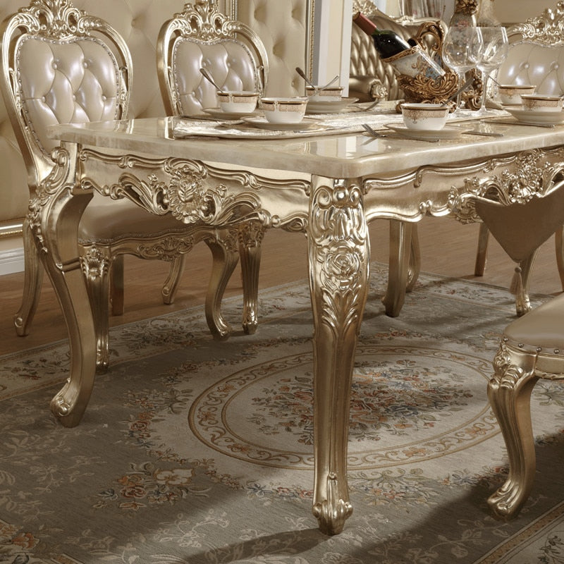 European-style Marble Dining Table and Chair Combination Champagne Rectangular Dining Table Solid Wood Carved Dining Chairs