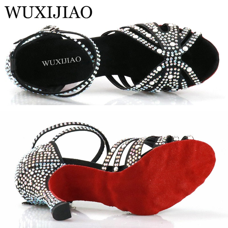 WUXIJIAO Women Latin Dance Shoes Rhinestones Soft Bottom Salsa Shoes For Dancing Ladies Sandals Women&#39;s Wedding Hight Heels 7.5C