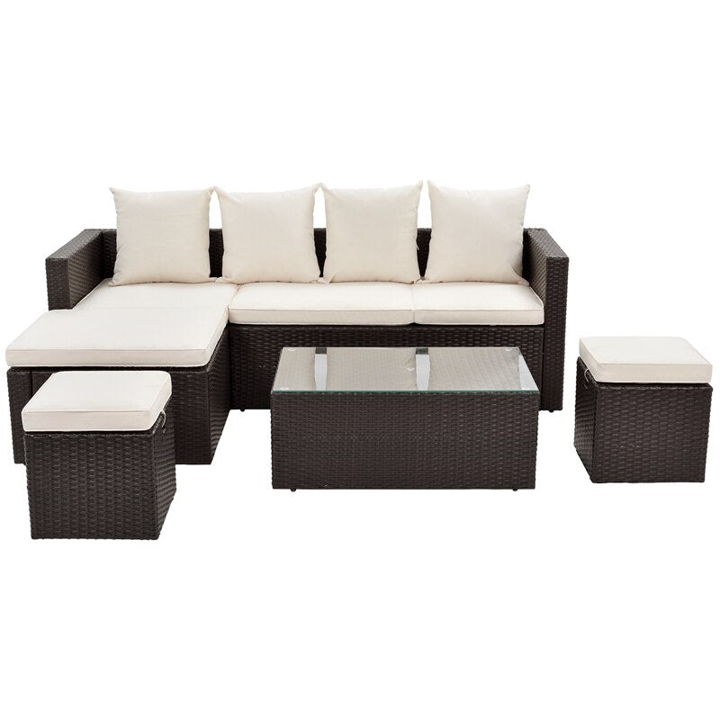 5-Piece All Weather PE Wicker Sofa Set Rattan With Tempered Glass Tea Table And Removable Cushions Adjustable Chaise Lounge