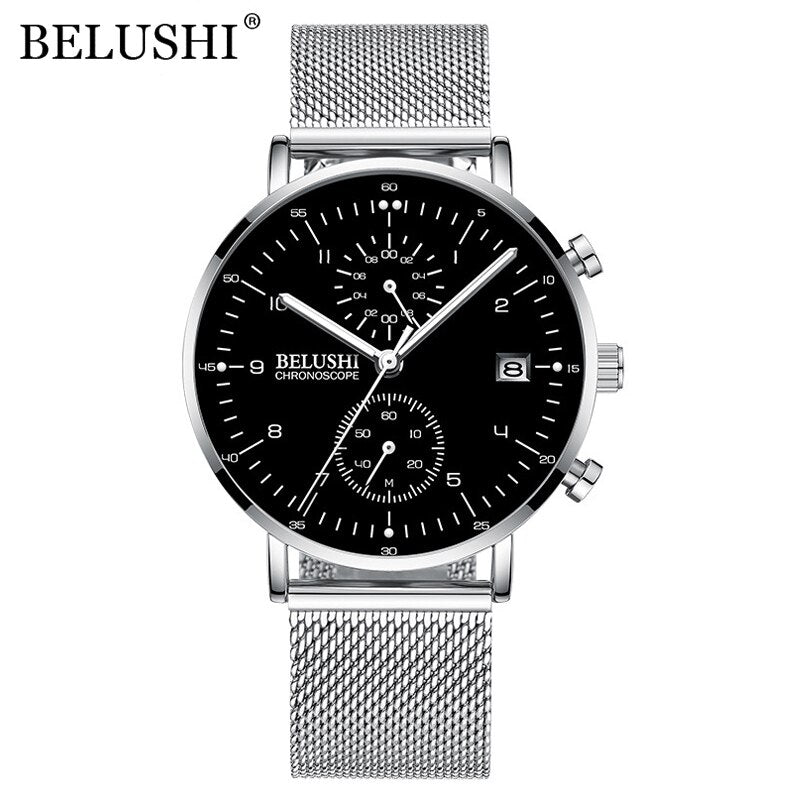 BELUSHI Fashion Men&#39;s Watches Top Brand Luxury Ultra-Thin Mesh Steel Sport Quartz Watch Men Waterproof Clock Relogio Masculino