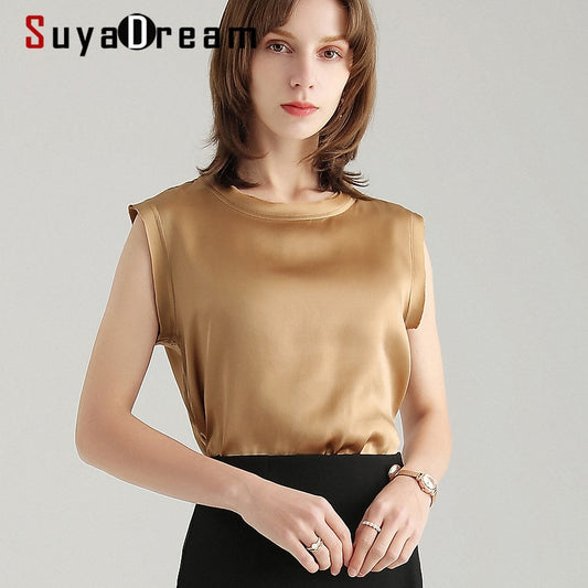 SuyaDream Women Silk Tanks 100%Real Silk Satin Sleeveless Solid Tank Tops 2021 Summer Elegent Vests