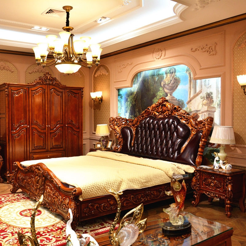 European Luxury Leather Bed 2x2.2m Leather Art Wedding Bed Double Bed American Villa Solid Wood Carved Living Room