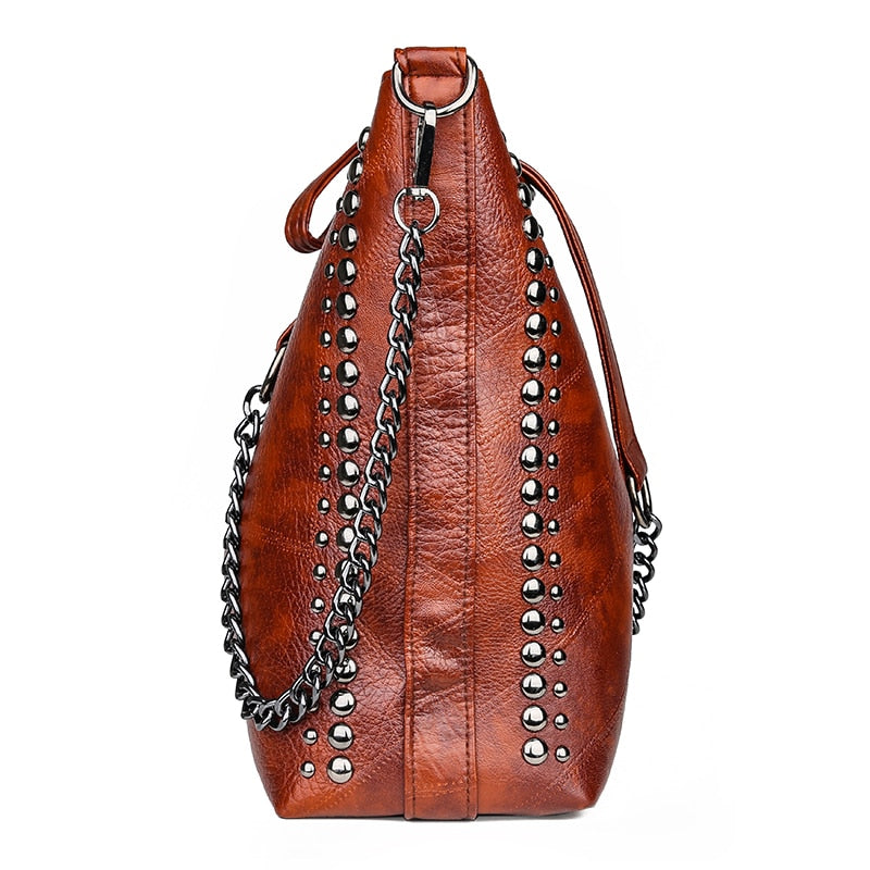 Vintage Bucket Shoulder Bags 2021 Simple Chain Crossbody Bags for Women Rivet Design Handbags Pure Color Trending Messenger Bag