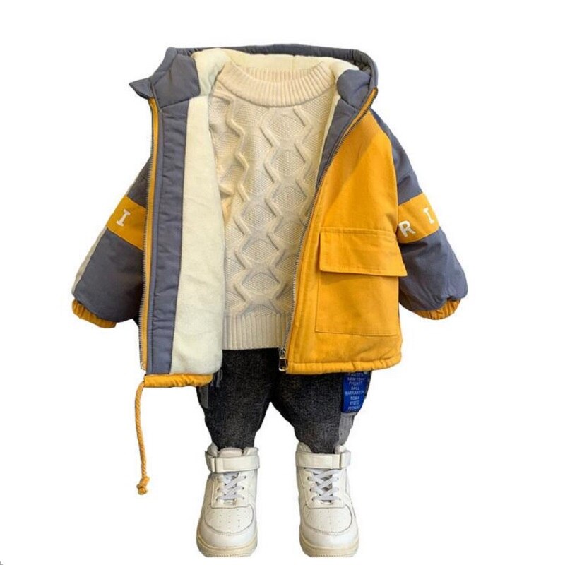 2-9years boys winter thicken hooded jacket for children outwear baby boy cotton-padded plus velvet print jacket for boys clothes