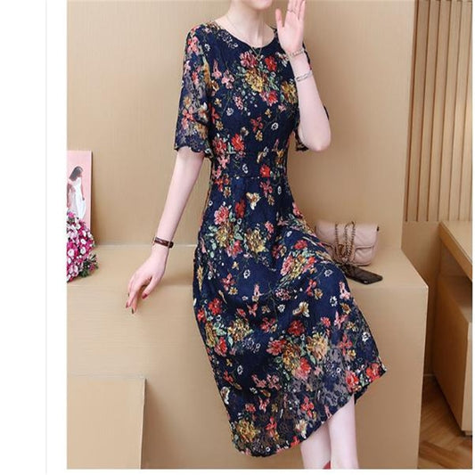 Vintage  Lace O Neck Print Summer Dress Women 2020 Detail A Line Dresses Ladies High Waist Short Sleeve Loose Dress