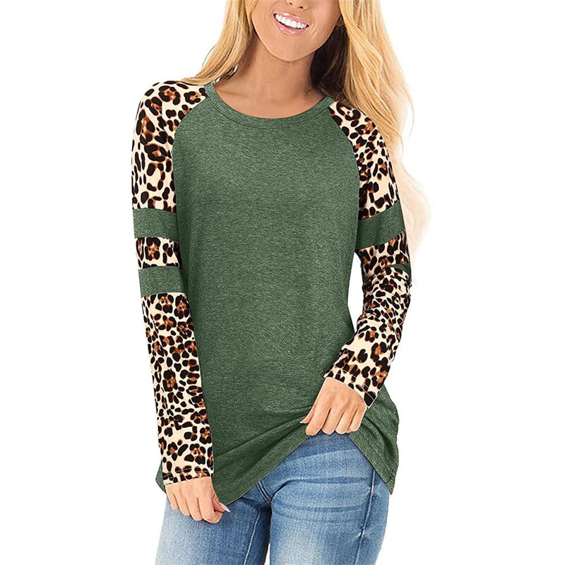 Autumn Patchwork Leopard Print T-shirts Women&#39;s Long Sleeve Top O-Neck Loose Pullover Tees Harajuku Vintage Basic Tshirt Female