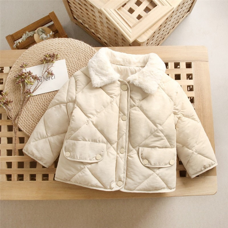 2022 New Winter Children&#39;s Warm Cotton Jackets Rabbit Fur Collar Coats Baby Short Quilted Jacket Kids Clothes Girl Boy Outerwear