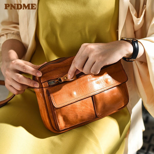 PNDME fashion luxury natural genuine leather ladies party messenger bag outdoor weekend daily real cowhide women&#39;s shoulder bag
